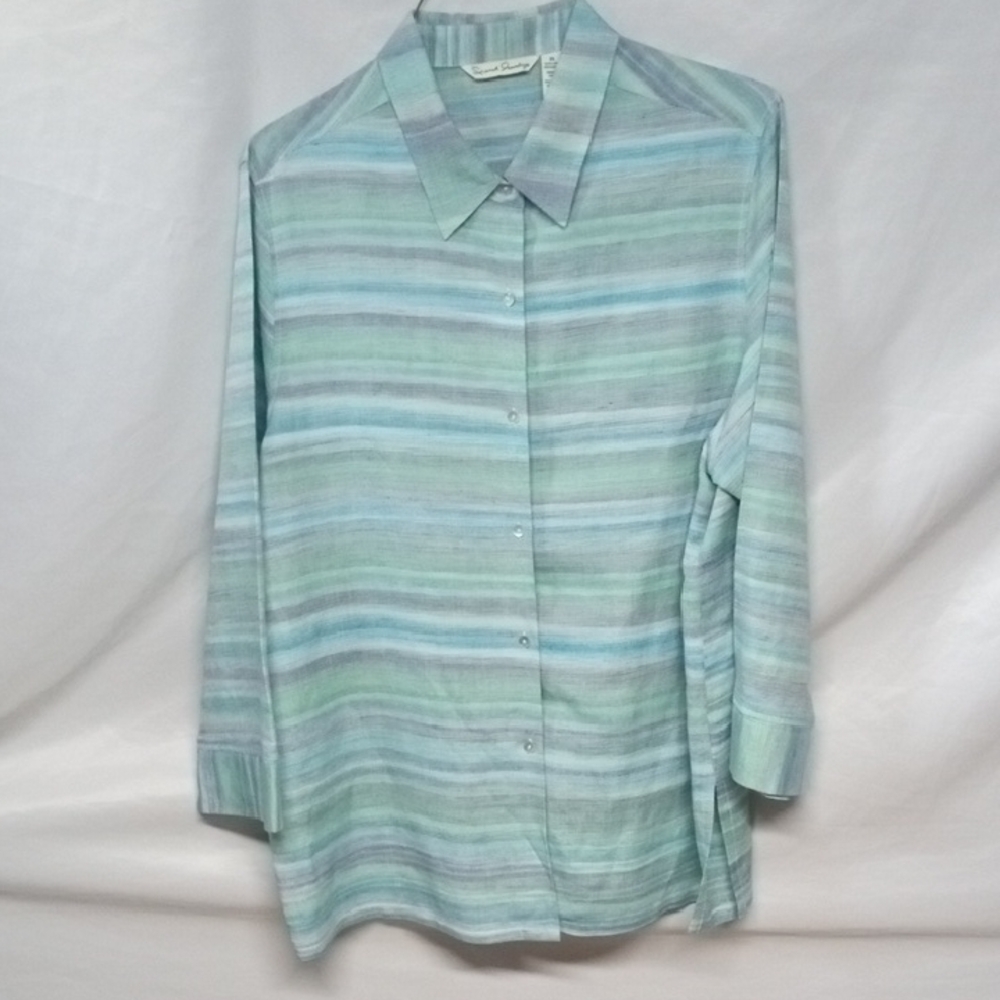 French Laundry Striped Button-Down Blouse in Mint Green and Light Blue
